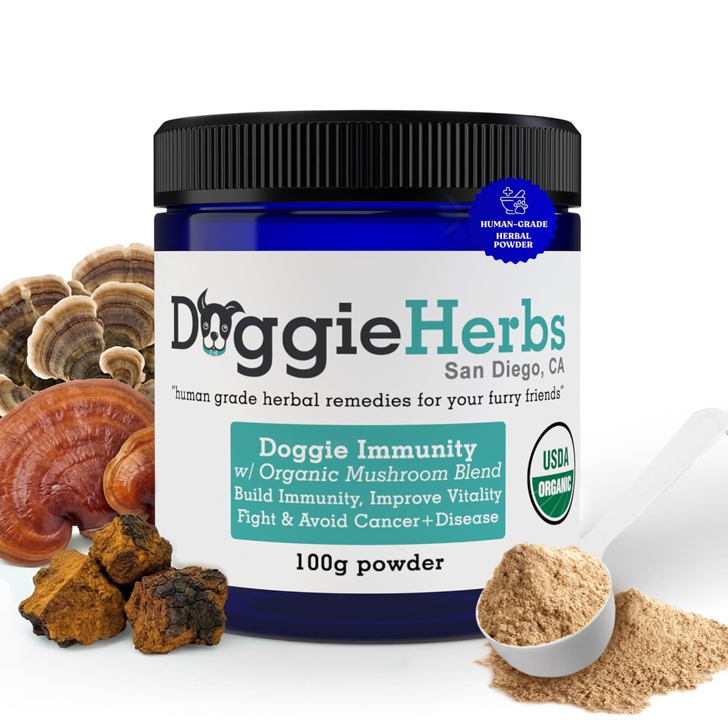 Miscela di funghi di immunità biologica certificata per i cani, 22,3% Beta Glucan per la salute della canina e l'immunità Boost Dog Supplement Herbal Powder w/Scoop - 100g