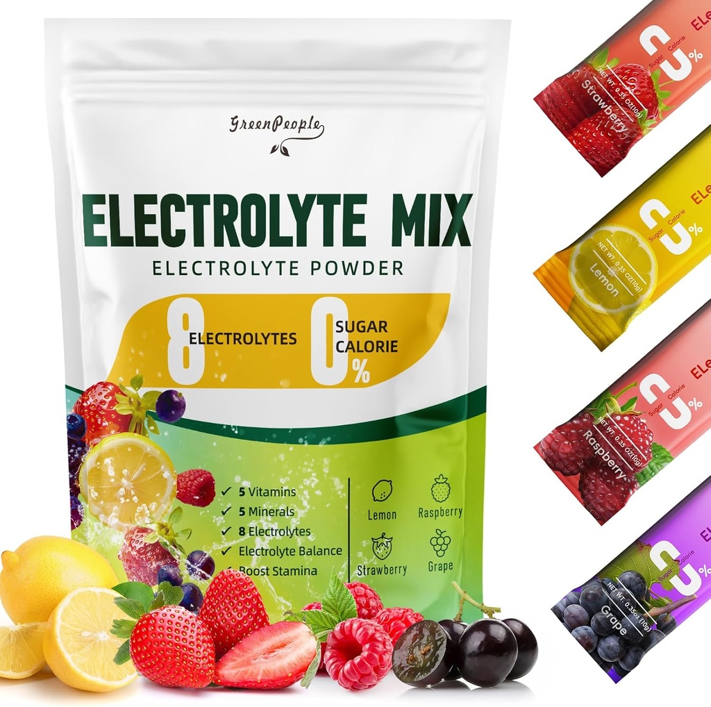 GREENPEOPLE Electrolytes Polvere No Zucchero - Idratazione senza zucchero Electrolyte Packets - Frutta Sapori Electrolyte Drink Mix - 8 Electrolytes 5 Vitamine & Minerals Vegan Non-GMO 16 Sticks