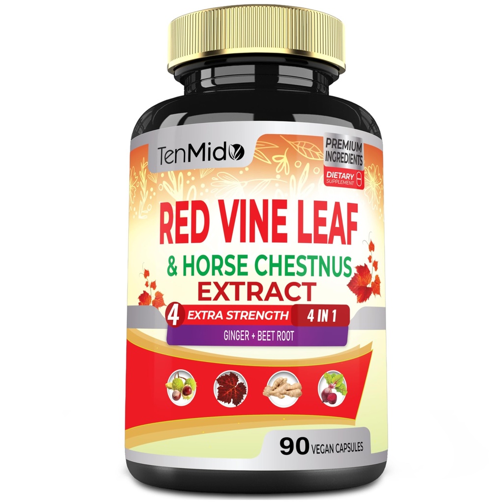 Estratto di foglie di vina rossa - con ciambelle di cavallo, radice di barbabietola, zenzero - Supplemento di erbe per il cuore, vena di gambe & energia - 90 capsule vegane per 45 giorni