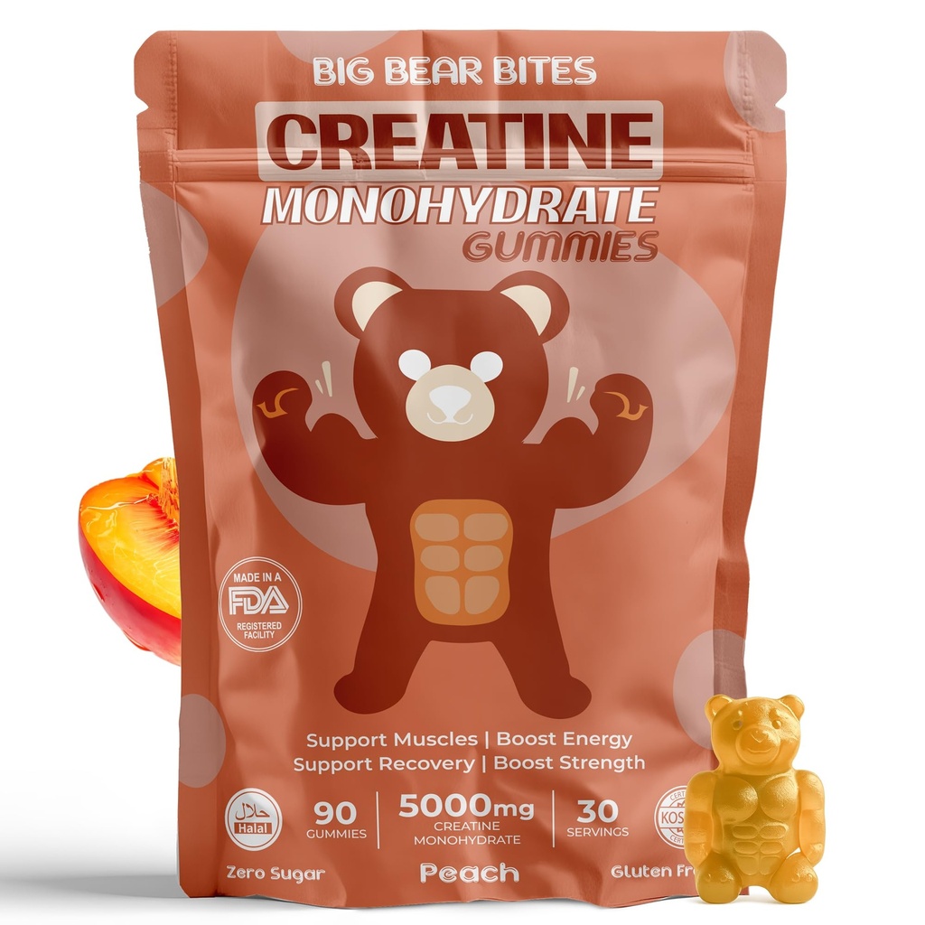 Creatina Monoidrato Gummies per Uomini e Donne | 5000mg di Creatina Gummies per Serving | Zucchero, Gluten Free & Halal | Confezione di 90 per Pre Workout & Muscle Recovery | Peach Flavor