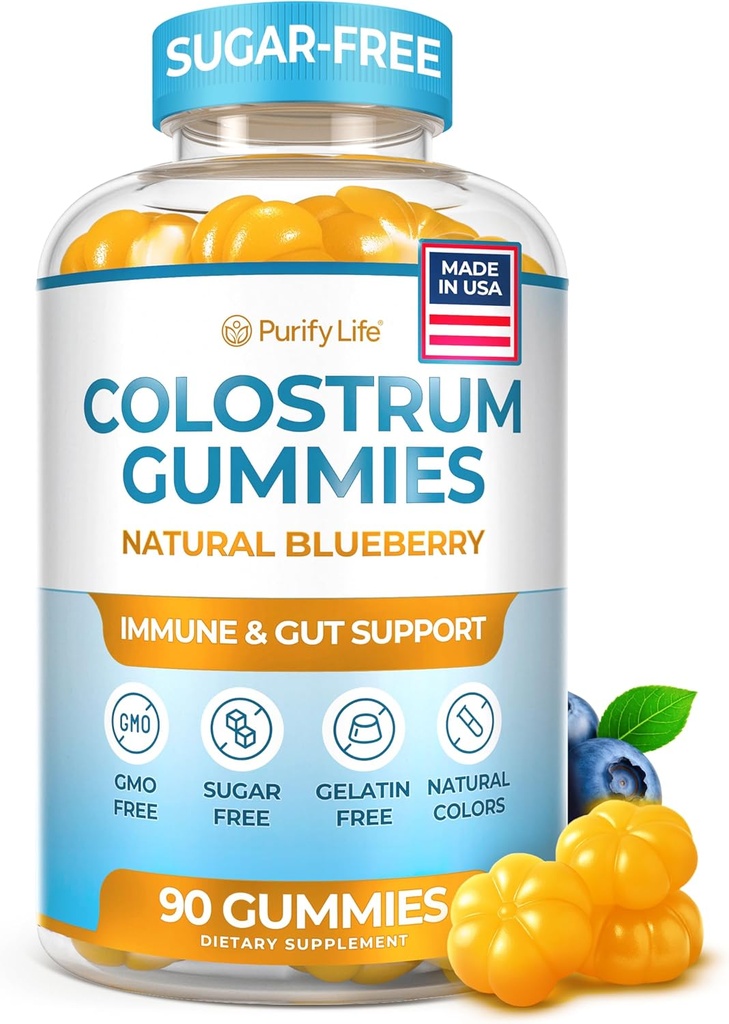 Zucchero-Free Colostrum Gummies (1500mg) Colostrum bovino per gli esseri umani, Grass-Fed Supplemento per la salute del fegato, Leaky Gut Riparazione, Supporto immunitario, Salute della pelle - 35% IgG Per Serving