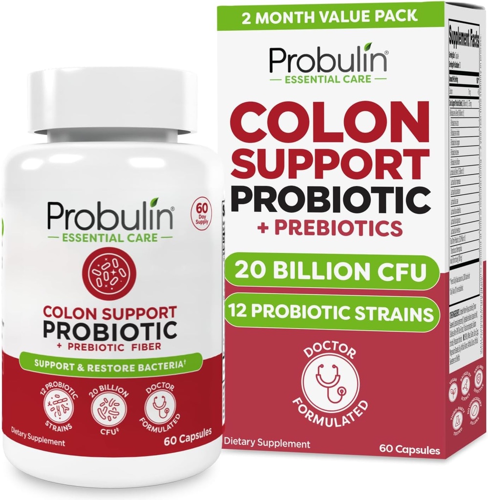 Probulin Colon Supporto Probiotico Supplemento, Daily Gut, Digestivo e Immune Salute Probiotici Capsule per Uomini e Donne, 20 miliardi di CFU, Vegan, 60 Conte Bottiglia