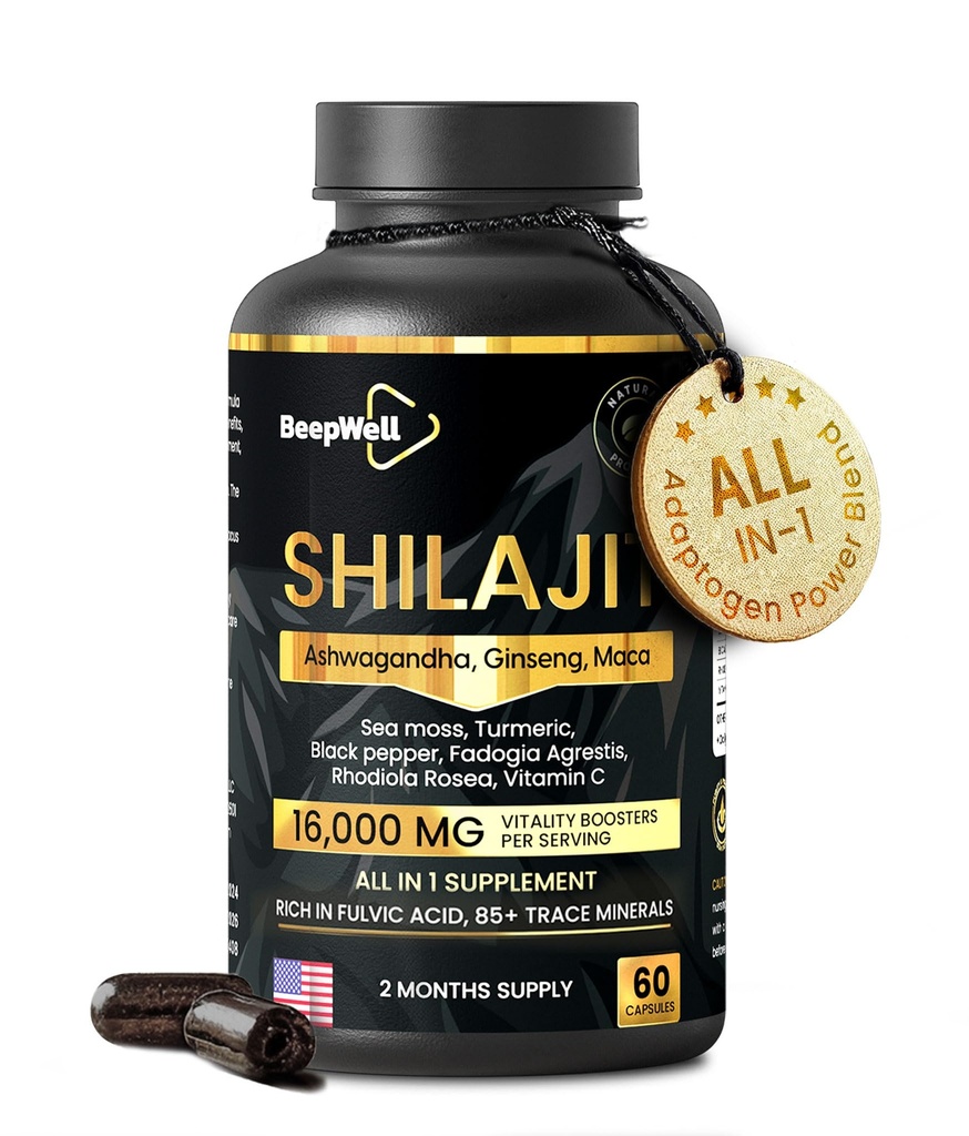 Shilajit Capsule per Uomini e Donne, 16.000mg Pure Himalayan Organic Shilajit Supporta vitalità e benessere,Premium Pure Himalayan Supplemento 2 mesi di fornitura, 60 capsule