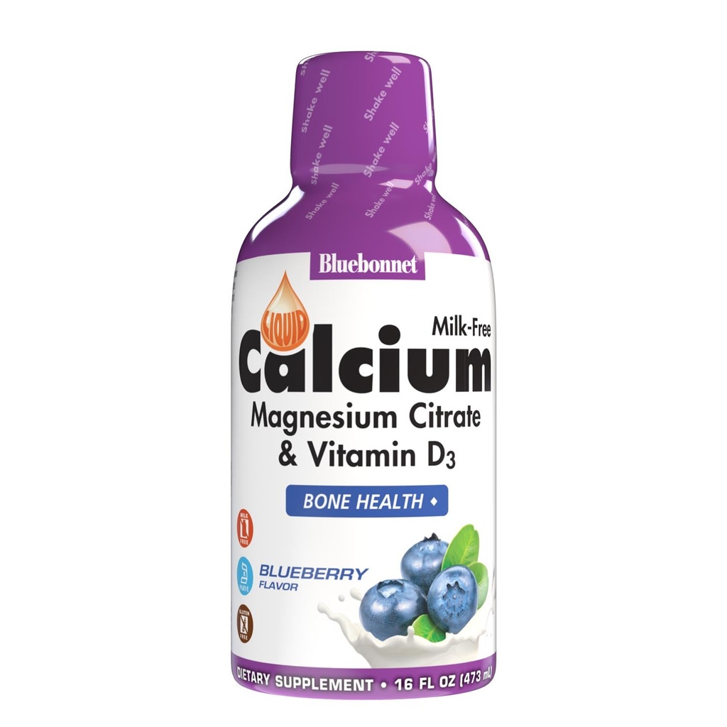 Citrato di Magnesio di Citrato di Calcio Liquido di Nutrizione di Bluebonnet, Vitamina D3, Salute di Bone, Senza glutine, Soia, senza latte, kosher, 32 Serve, Aroma di mirtillo, 16 Fl Oz (Pacchetto di 1)