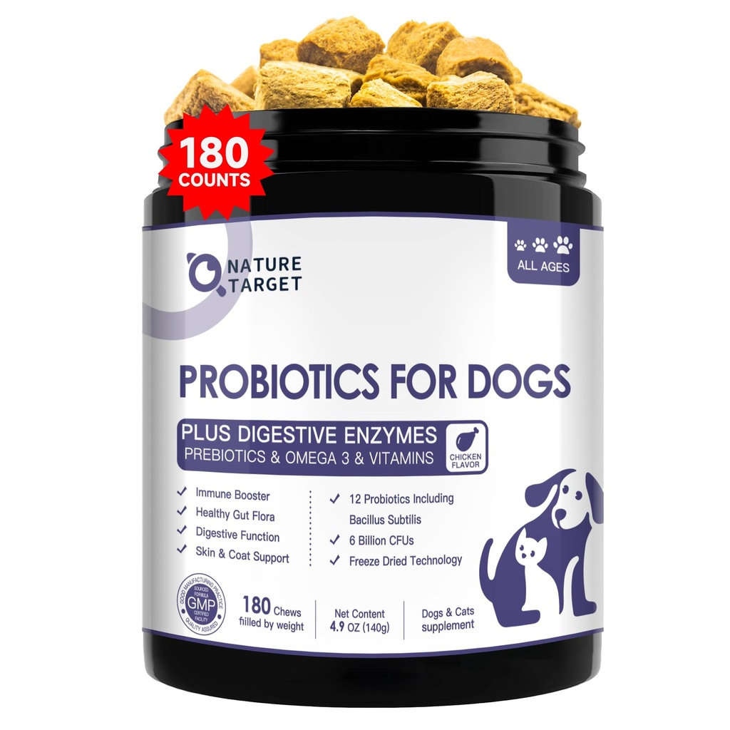 PRObiotici NATURE TARGET per cani, 6 miliardi di CFU, congelare probiotici per cani secchi con prebiotici e enzimi per diarrea, gas, vitamine e Omega 3 per la salute della pelle e dell'immunità, Allergy Itch Relief, 180 Conte
