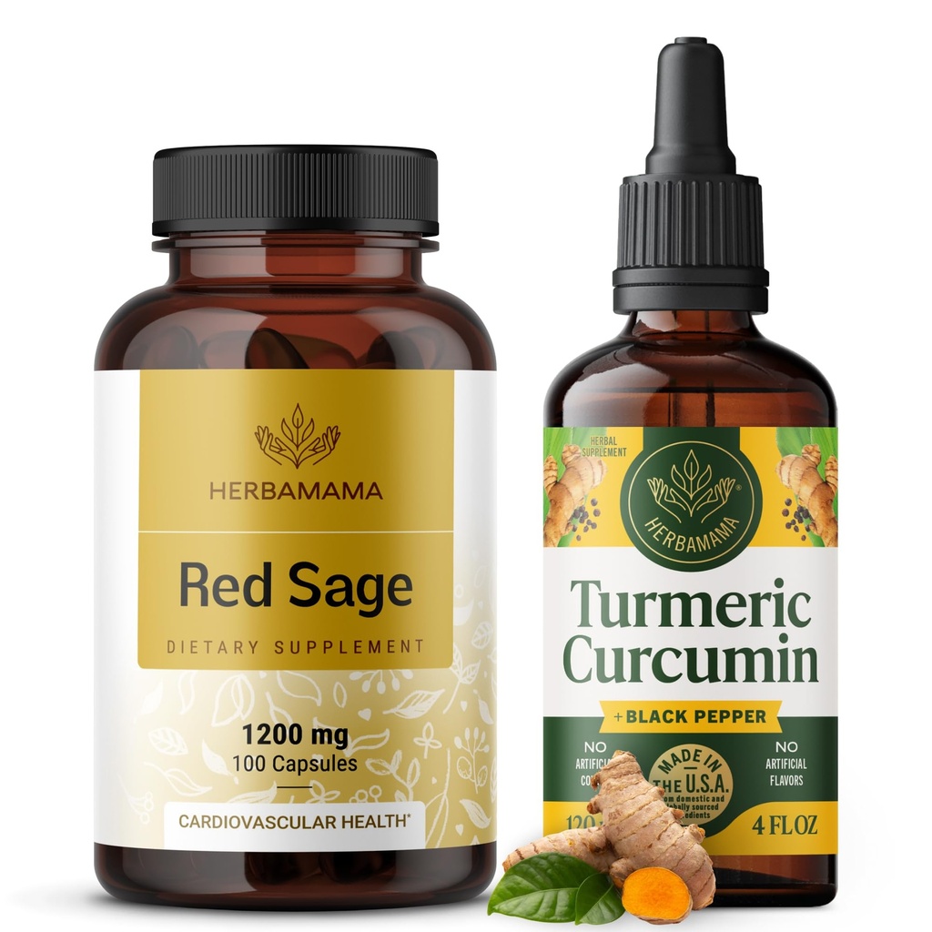 HERBAMAMA Red Sage and Turmeric Kit - Bundle di 1200 mg Red Sage Dan Shen Capsules & Curcumin Curcumin Gocce 2 fl oz - Vegan, Non-GMO, Sugar & Alcohol-Free - 2 Pack
