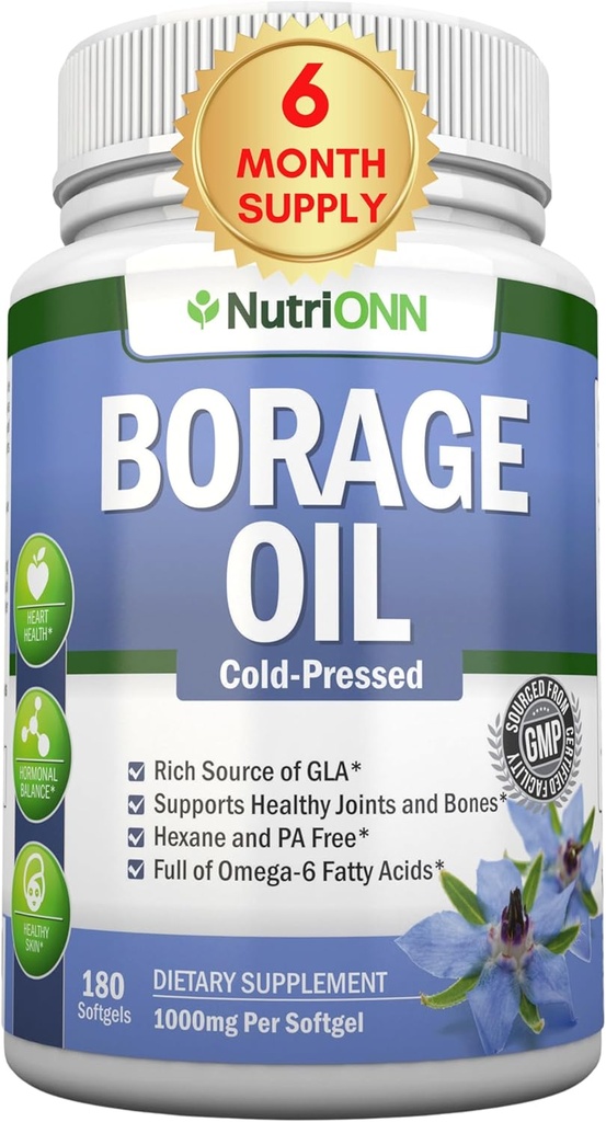 Olio di Borage - 1000 mg - 180 Softgels - Olio di semi di semi di borraggio ad alta pressione GLA - Hexane e PA Free - Grande per pelle, capelli e ossa.