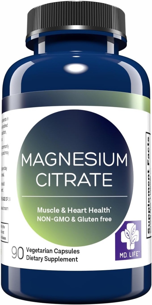 MD. Citrato di Magnesio di Vita 250 mg – 90 capsule – Supplemento di Citrato di Magnesio ad alto assorbimento – Capsule Easy-to-Swallow per il muscolo, Nerve, cuore, sonno e supporto Bone