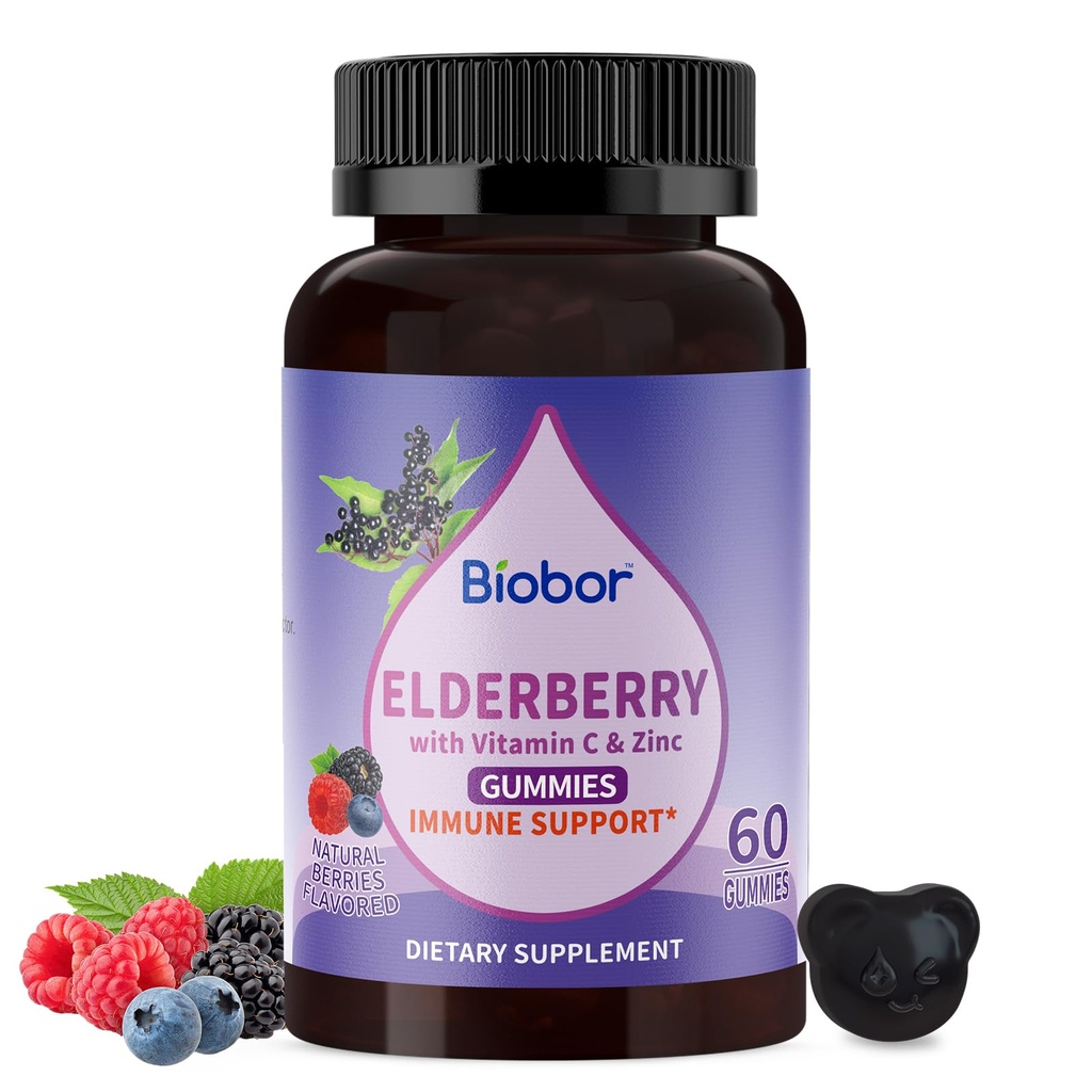 Natural Black Elderberry Gummies 150mg, Estratto di frutta di sambuco con vitamina C e zinco, Herbal ElderCraft® Gummies Supporto giornaliero per bambini e adulti, 60 Conte
