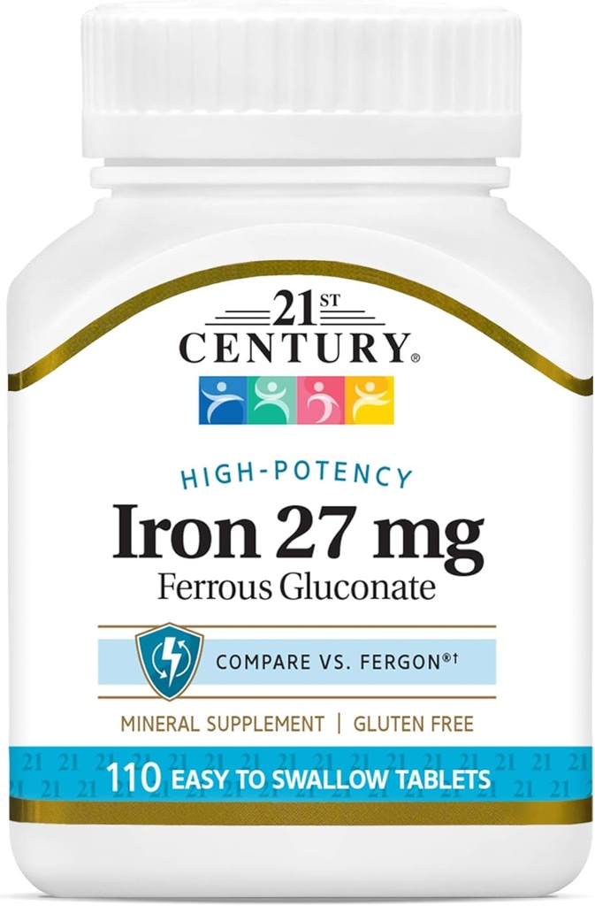 21 ° secolo ferro 27 Mg ferroso gluconato compresse, 110Count