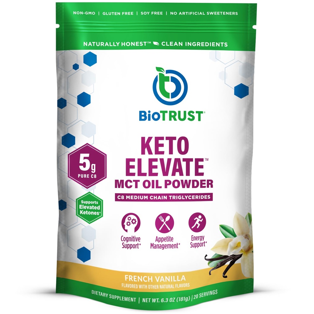 BioTrust Keto Elevate – C8 MCT Oil Powder – Ketogenic MCT Coffee Creamer, Keto Coffee Creamer – Clean Energy, Mental Focus, Clarity –100% Caprylic Acid MCT Powder, Non-GMO(Villa francese, 20 Servings)