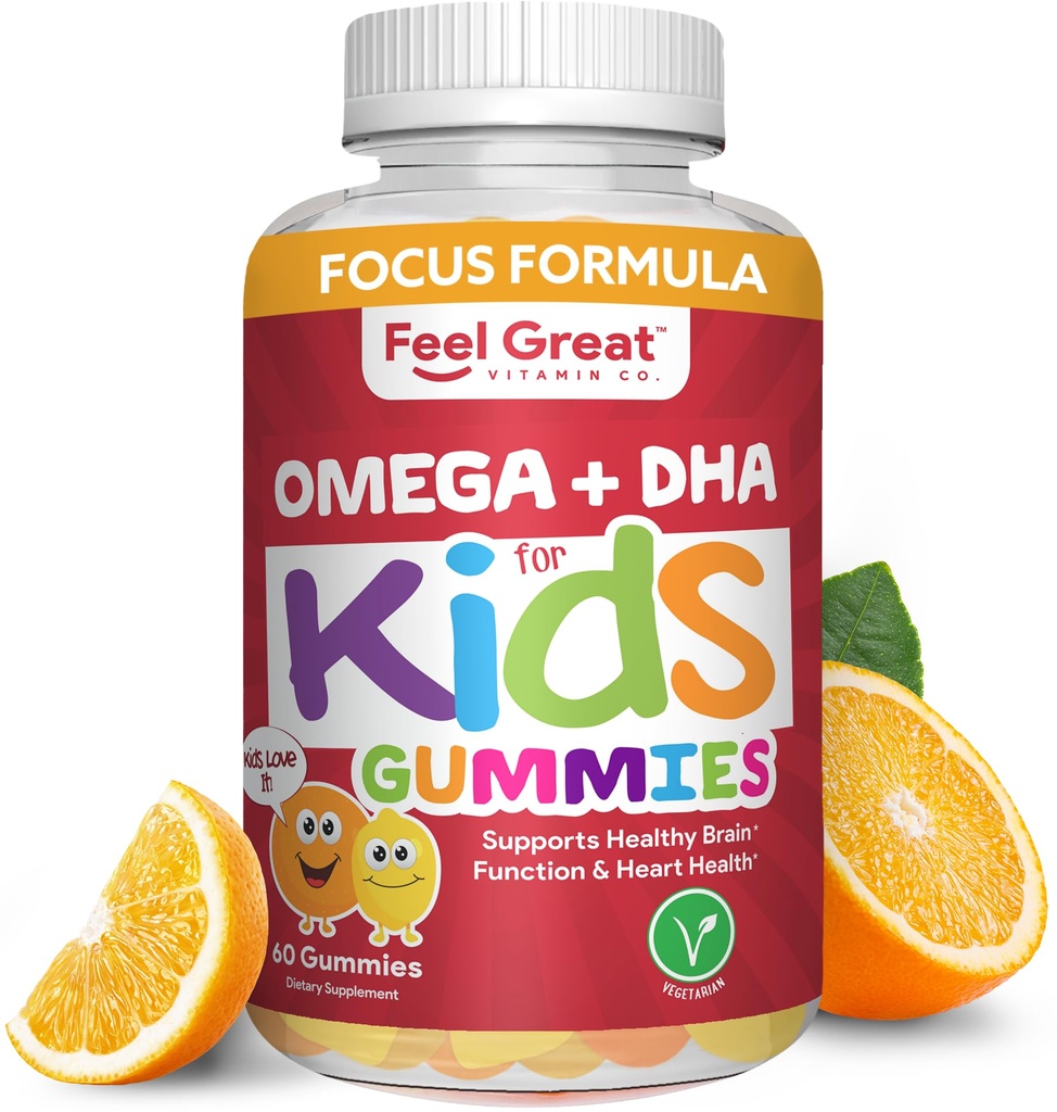 Sentire Grande Vitamina Co. Gummie DHA complete per bambini | con Omega 3 6 9 + DHA, Vitamina C | Supporta la funzione sana del cervello, Vision & Heart Health | Gluten Free, Vegetariano | 60 Gummies