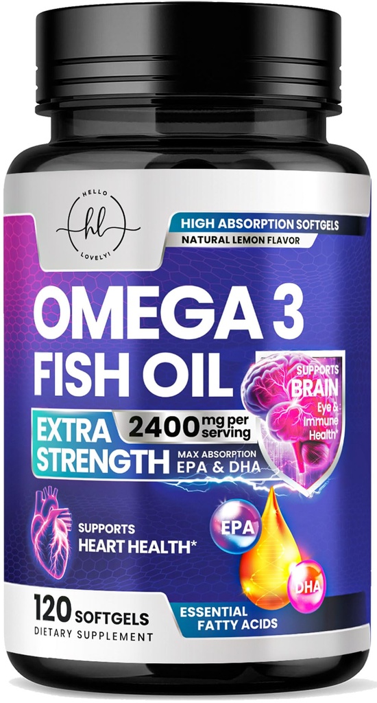Omega 3 Fish Oil Supplements 2400mg - Triple Strength Omega 3 acidi grassi, cuore naturale salute cervello e supporto misto - acidi grassi con EPA & DHA - Wild Caught Fish Oil Supplement - 120 Softgels