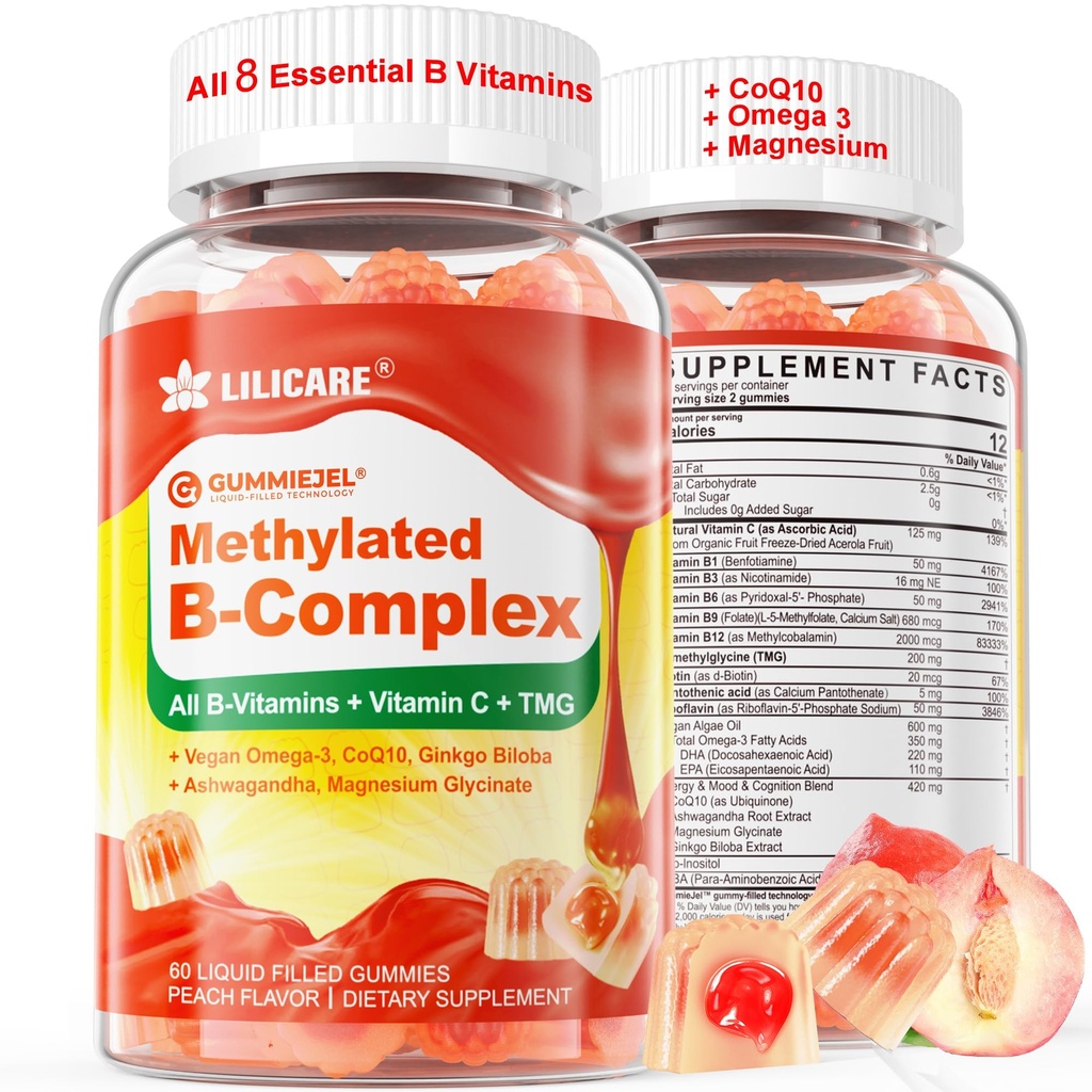 Super Methylated Vitamin B Complex Gummies - Tutte le vitamine B + Omega-3, Magnesio, CoQ10, Ashwagandha, Vitamin C, TMG- per le donne Men- Methyl B12 2000 mcg, Methylfolate, B1, B2, B3,B5,B6,B7- senza zucchero