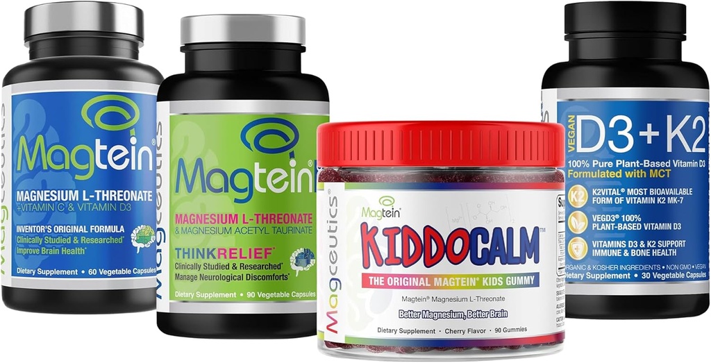 Magtein Magnesio L-Threonate 60 capsule, Magceutics MagteinPRO 90 capsule, KIDDOCALM Gummies 90 capsule, Vitamina D3 K2 30 capsule - Bundle