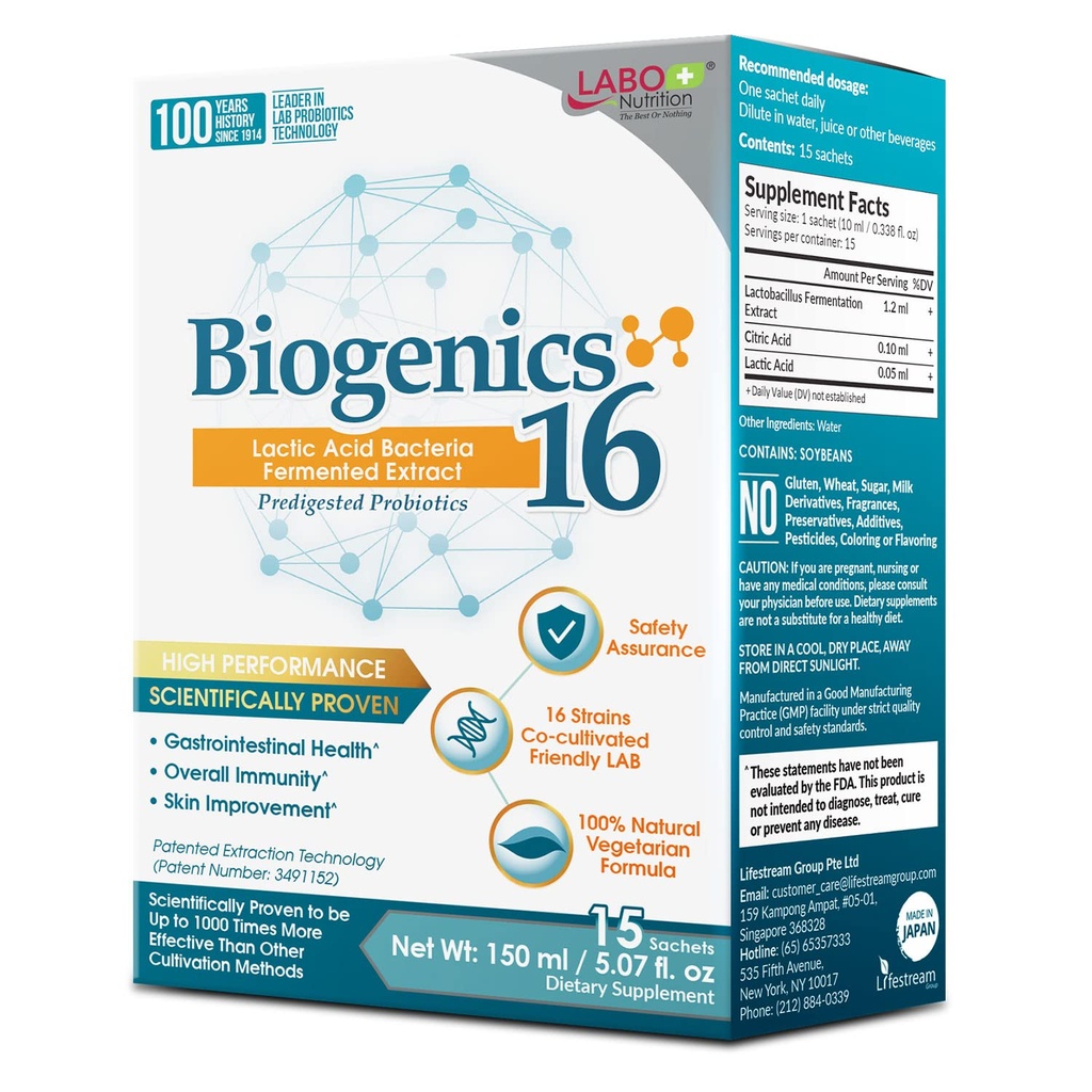 LABO Nutrition Biogenics 16–Lactic Acid Bacteria Fermented Extract, 1000x More Effective, Gut Health Support Beyond Probiotics & Prebiotics, Migliorare la pelle intestinale e la salute immunitaria, 10mlx15 sachets