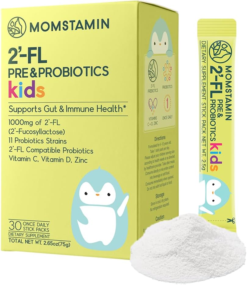 MOMSTAMINA 2'-FL HMO Prebiotici e probiotici per i bambini, 1000 mg di latte umano Oligosaccharide 2'-FL polvere, brevettato 11 Strains, sano Gut Microbiome, Immune & Digestive Supplement, IBS Relief - 30 Sticks