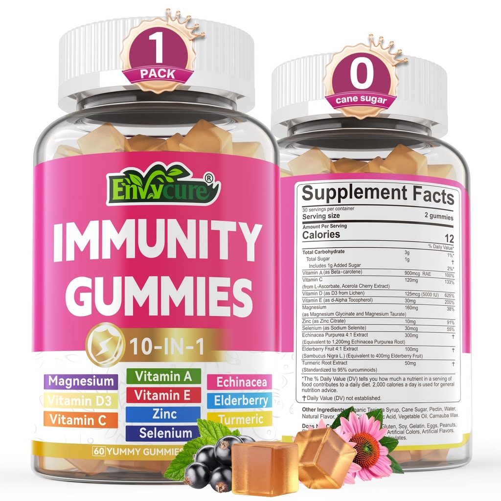 10 in 1 Supporto Immune Supplemento Gummies, w/Echinacea, Vitamina C e Zinco di Elderberry, Selenio, Vitamina D3 5000IU, Magnesio, Booster Immune Giornaliero Multivitamina, per Antiossidante Bone Energy, 1 Confezione
