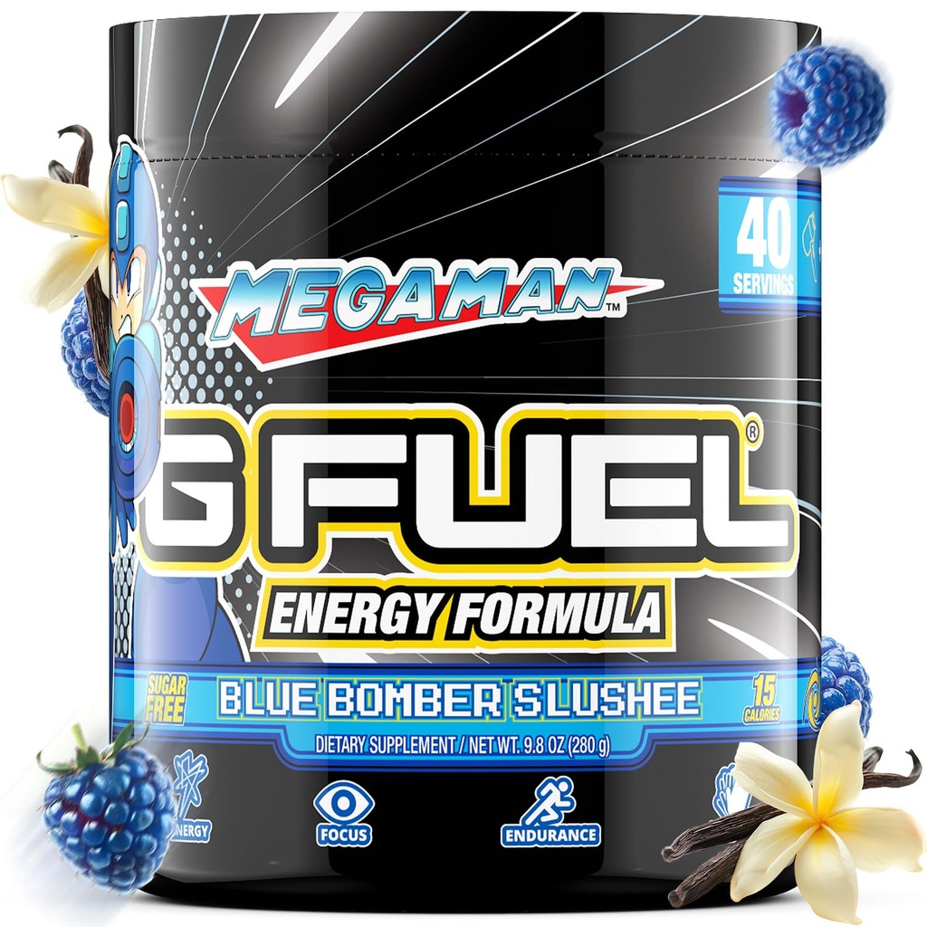 G Fuel Megaman Energy Drink Powder, Pre Workout Caffeine Mix for Gaming, Sugar Free Focus Amino, Vitamina + Antiossidanti, 9.9oz (Blue Slushee, 40 Servings)