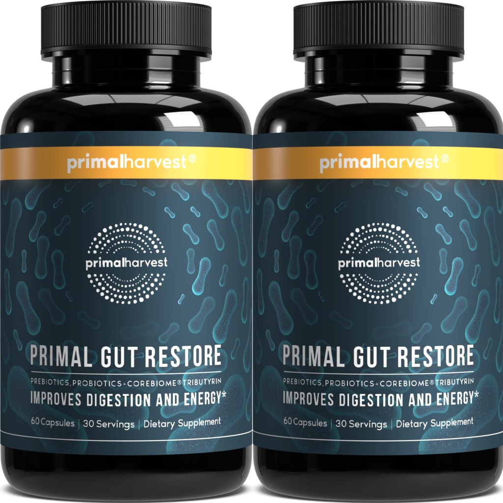 Primal Harvest 2 Pack, Restore per Gut Health, Primal Gut Restore w/POSTbiotics, PREbiotici e PRObiotici per le donne e gli uomini, 60 CT - Digestione, Colon Cleanse, aiuta Leaky Gut Repair
