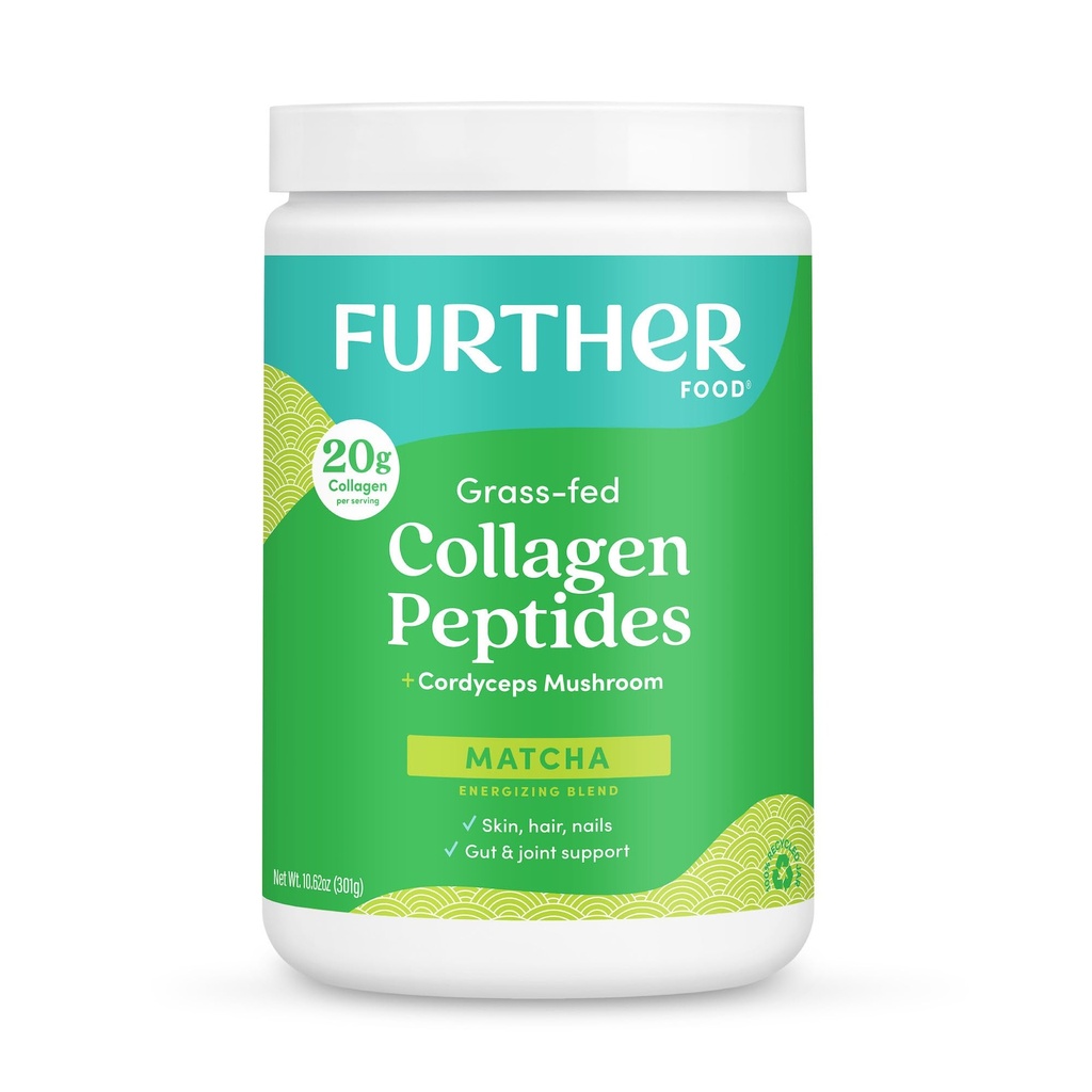 Ulteriore Cibo Matcha Collagen Peptides Polvere - Abbinamento organico & Cordyceps per tutta l'energia di giorno, Clarity Mentale & Immunity & Premium per Gut Salute, Giunti, Pelle, Capelli & Nails 10.62 oz