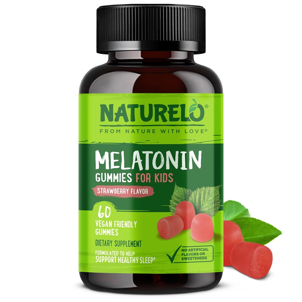 NATURELO Melatonin Gummies per bambini non OGM, senza glutine, senza soia - Sapore di fragole - Integratore di sonno delicato - 60 Gummie vegetariane