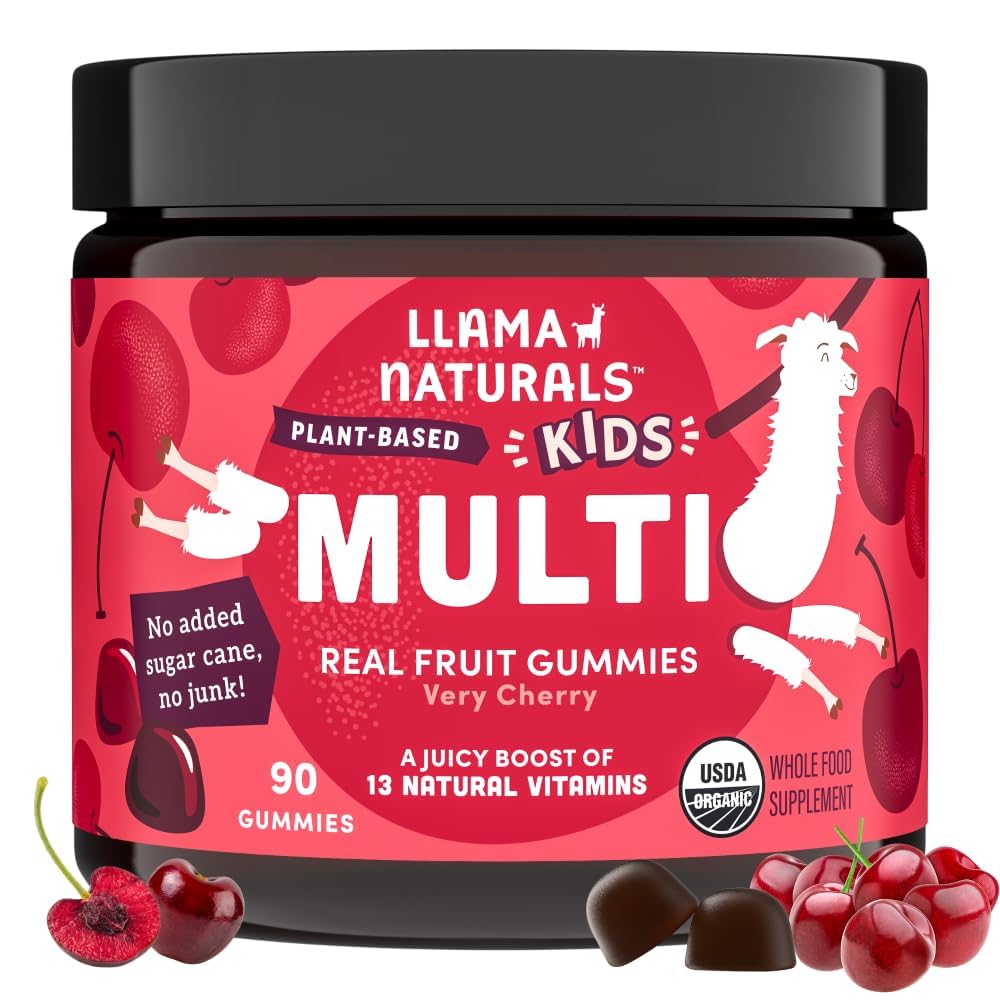 Llama Naturals Kids Multivitamin Gummies, Vegan, Organico con Vitamina D, C & K, Toddler Ver Fruit Gummy Vitamine, Chewable Supplement, Whole Food Multivitamin, Non Aggiunto Zucchero Canna, Ciliegia, 90 Ct