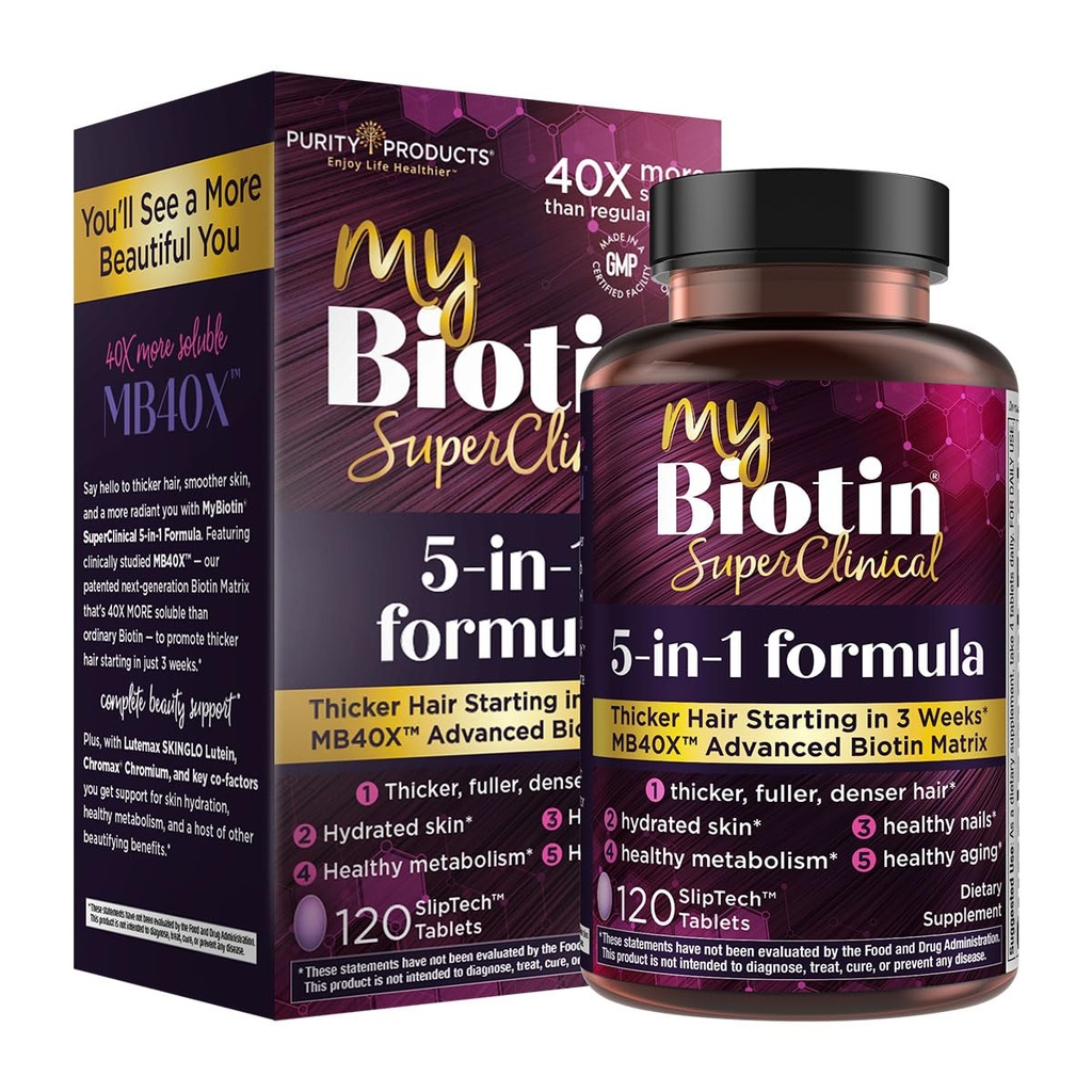 Prodotti di purezza MyBiotin SuperClinical New 5-in-1 Elite Multivitamin + MB40X Biotin Matrix Daily Multi - Thicker Hair A partire da 3 settimane - 40X Più Solubile vs Ordinario Hair Skin Nails - 120 Tabs