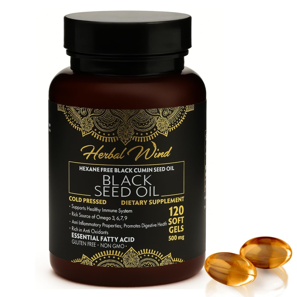 Capsule di olio di semi neri - Pressati a freddo 120 Softgel 500mg, Qualità Premium Nigella Sativa, Olio di semi di cumino nero puro al 100% - Non OGM (120 Conte - Confezione da 1 Bottiglia di plastica)