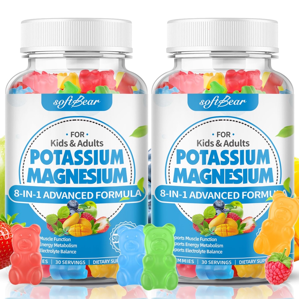Softbear Zucchero Gummie di Magnesio Libero di Potassio per Adulti Bambini, Integratore di Potassio ad alto assorbimento Gummies Supporta Gambe & Muscolo &amp; Salute Immune, Delizioso Frutto Misto Aroma 120 Conte