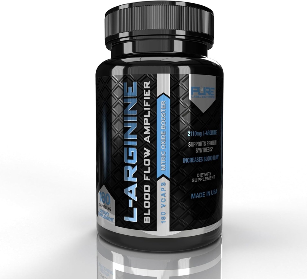 Pure Label Nutrition L Arginine Capsules, Nitric Oxide Booster, Aminoacido Supplemento per Uomini e Donne, Aiuta a costruire muscolo & Forza e Boost Energy, Sangue Flow Support - 180 caps
