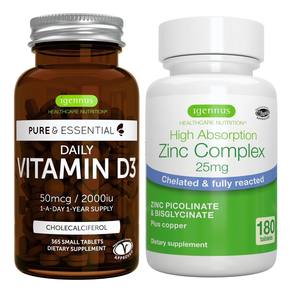 Vitamina quotidiana D3 + Zinc Complex Vegetariano Bundle, 365 2000iu Vitamina D3 Compresse + 25 mg Zinco Chelato Picolinate & Bisglycinate con Rame, da Igennus