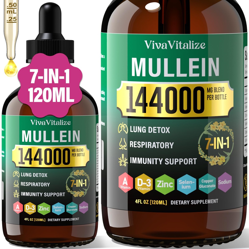 Gocce di Mullein per polmoni,144000mg Estratto di foglie di Mullein per polmone Cleanse & funzione respiratoria Immune respirazione sano, sistema digestivo, integratore naturale di erbe Zucchero & Alcol-Free, 120-Day di alimentazione