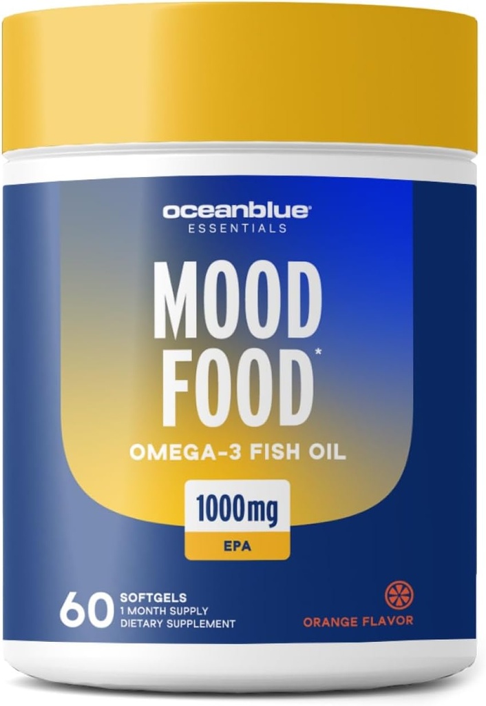 Oceanblue Essentials Mood Food Omega 3 | Triple Strength Fish Oil 1000mg EPA per Mood Support | Burpless Mini Softgels | Heart Health, Non-GMO (60 Count)