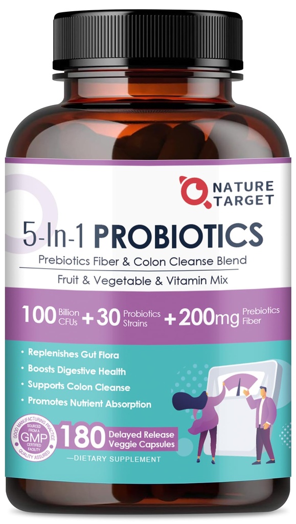 NATURE TARGET Probiotici per la salute digestiva delle donne, Mens-Womens Probiotici con prebiotici, 100 miliardi di CFU per la salute e l'immunità, 180 capsule vegetali (90 giorni di alimentazione)