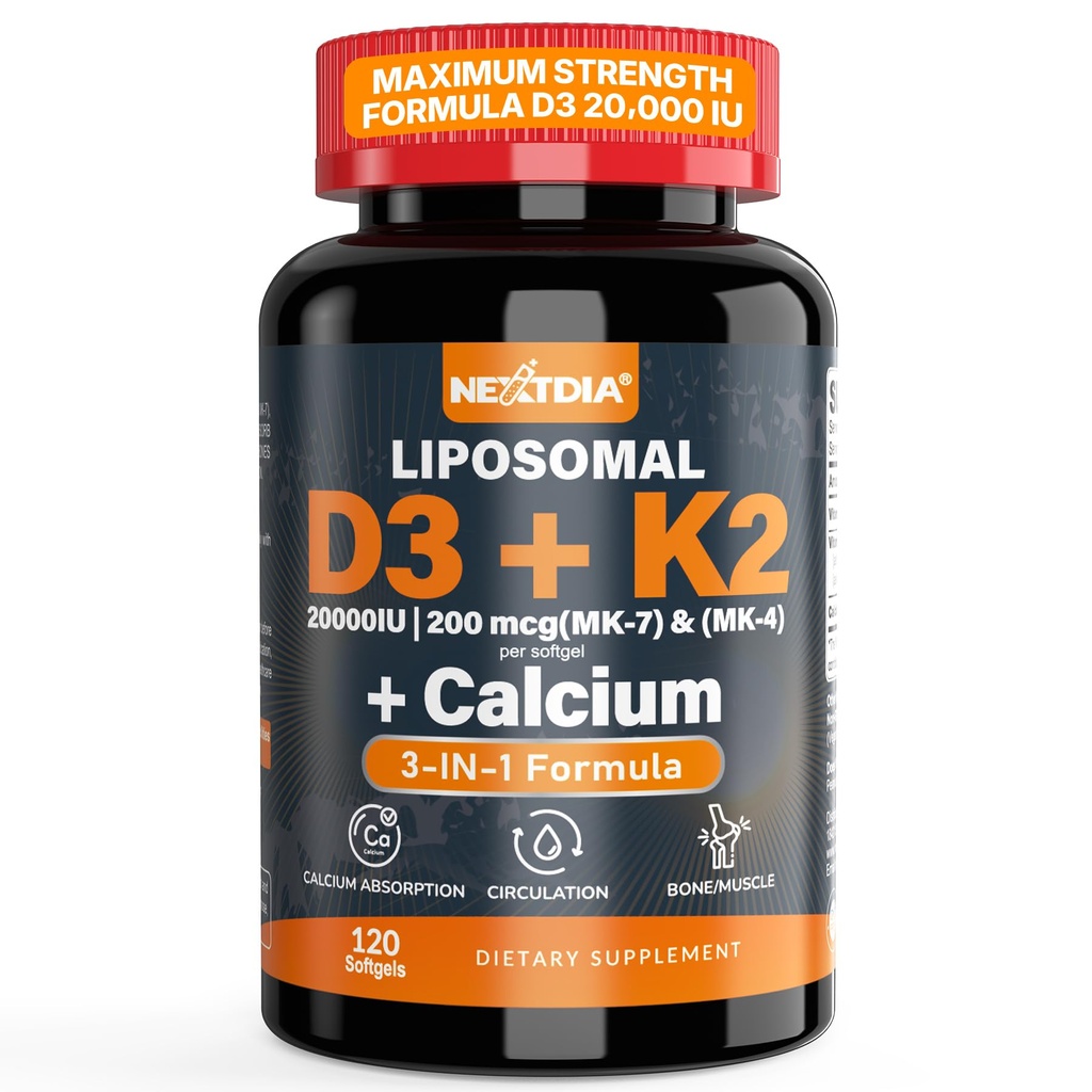 Vitamina D3 20.000 IU + Vitamina K2( MK7 )200mcg - Vitamina ottimale D3 & K2 Softgel - Bones forti & Muscolo, Assorbimento di calcio e supporto immunitario, Aiutando le carenze della vitamina D, Facile da ingoiare, Non OGM