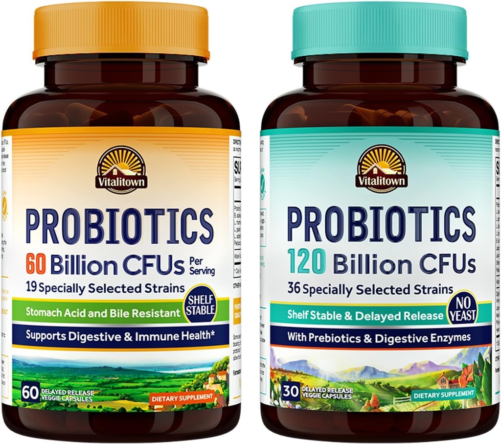 Vitalitown Probiotic Bundle (Pack of 2) | Probiotics 60 miliardi di CFU (Item 1) & Probiotics 120 miliardi di CFU (Item 2) | Shelf Stable | Salute Digestiva & Immune | 30 giorni di alimentazione