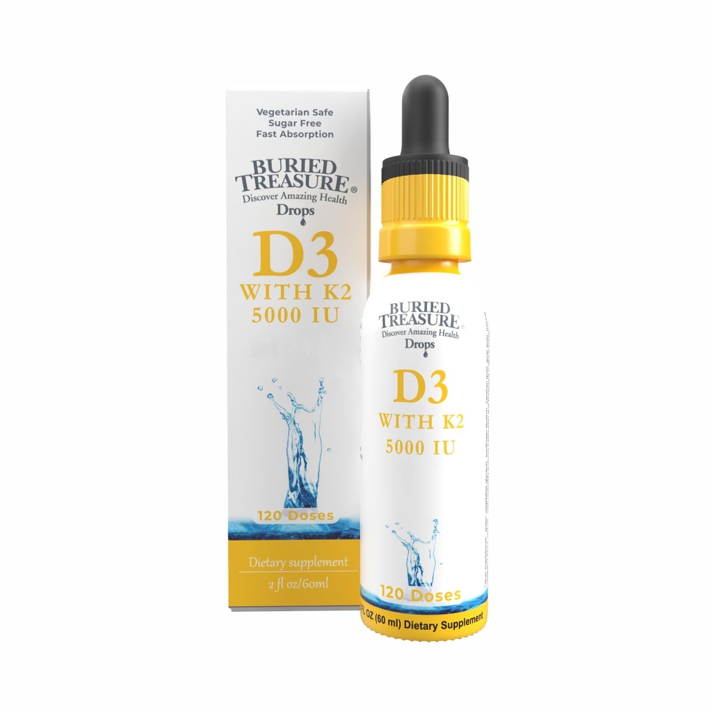 Buried Treasure Vitamin D3 & K2 Drops - 5000 IU D3 con 100 mcg K2 per Bone, Heart & Immune Support, Sugar Free, 2 fl oz