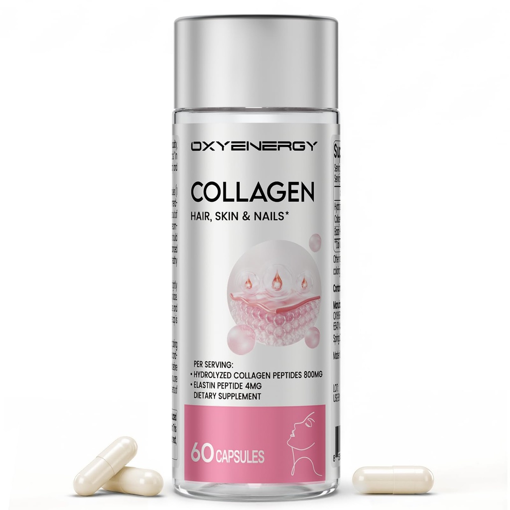 OxyEnergy Collagen Peptides Capsule per Donne, 800mg Collage idrolizzato (Tipi I) Integratori con Peptidi Elastin, 60 Pillole Collagene per Promuovere Capsulas Capsulas