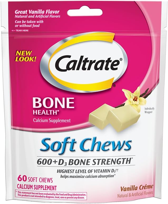 Caltrate 600+D3, Calcio e Vitamina D3 Supplemento Cuciture Morbide, 600mg (Vanilla Crème Flavor, 60 Count)