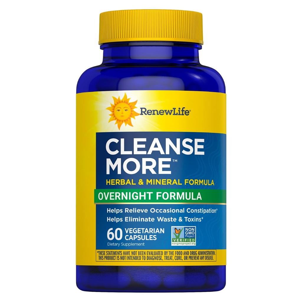 Renew Life Cleanse Più Formula a base di erbe con Magnesio per la notte Rilievo di costipazione occasionale; Aiuta a promuovere l'eliminazione dei rifiuti e delle tossine; Gluten, Dairy e Soy Free; 60 capsule vegetariane*