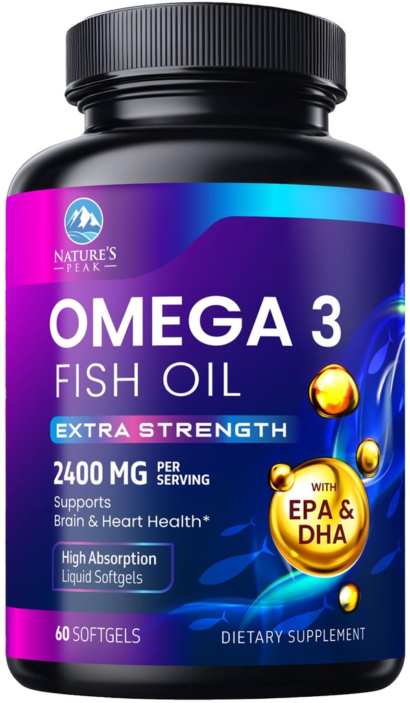 Omega 3 Fish Oil 2400 mg supplemento, Sostenibilmente Sourced, Triple Strength Omega-3 Supplementi Softgels, Supporto per la salute del cervello, EPA & DHA Fish Oil Fatty Acids Supplements, Gluten & GMO Free, 60 Softgels