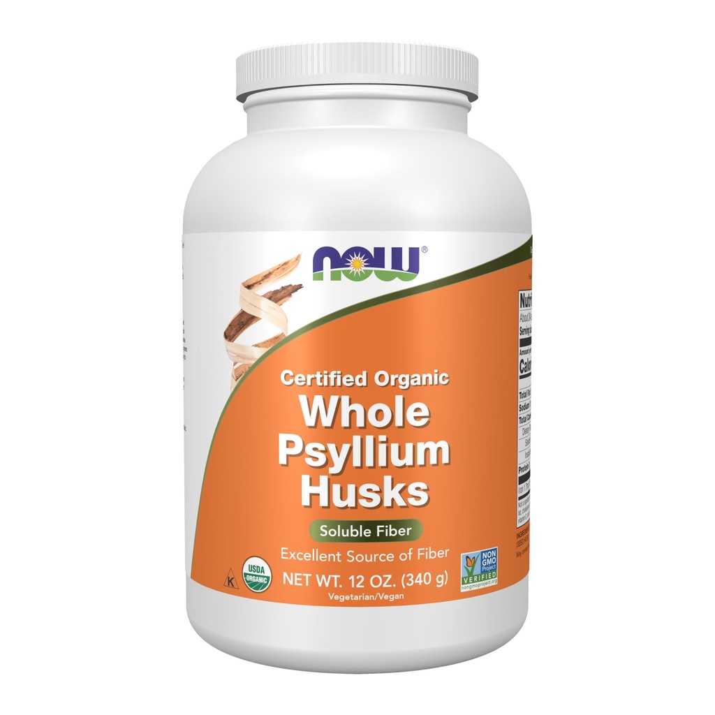 NOW Integratori alimentari, Intero Psyllium Husks, Certificato Organico, Progetto Non OGM Verificato, Fibra Solubile, 12-Oncia