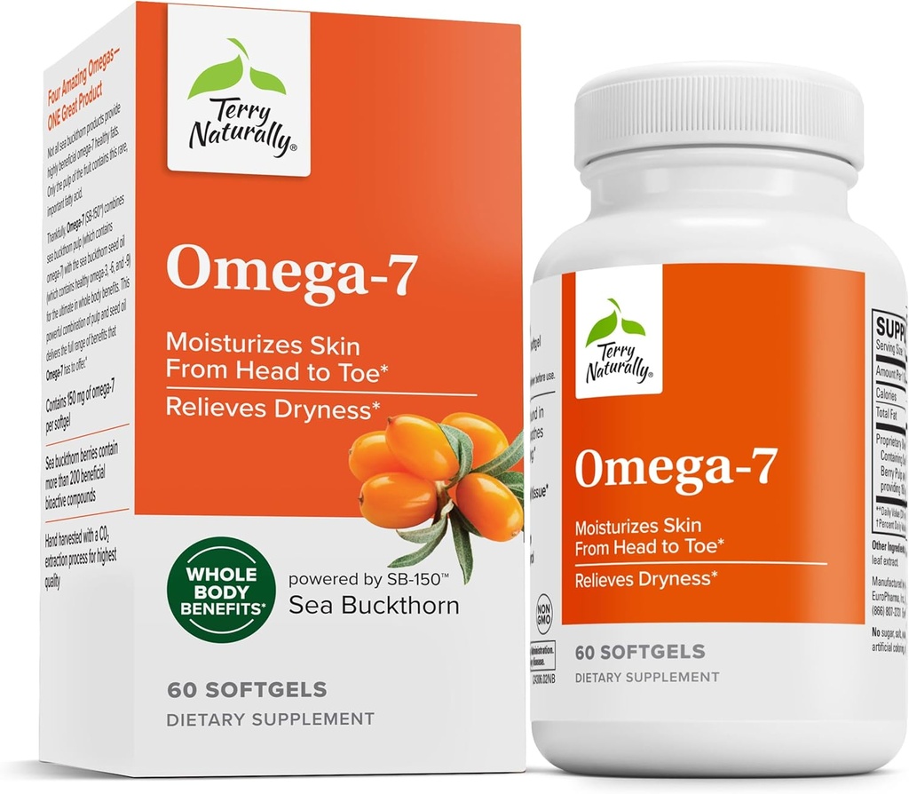 Terry naturalmente Omega-7 - Integratore alimentare con acidi grassi essenziali - Supplemento nutrizionale per sostenere la salute della pelle con secchione marino, polpa di berretto e olio di semi - 60 Softgels (Pack of 2)