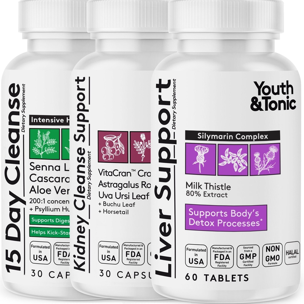 Giovani & Tonic 3X pulizia del corpo e pillole di disintossicazione per le donne e gli uomini con fegato, rene, colon supplementi per sostenere le funzioni sane e per la perdita di impurità indesiderate e rifiuti metabolici. 120 capsule