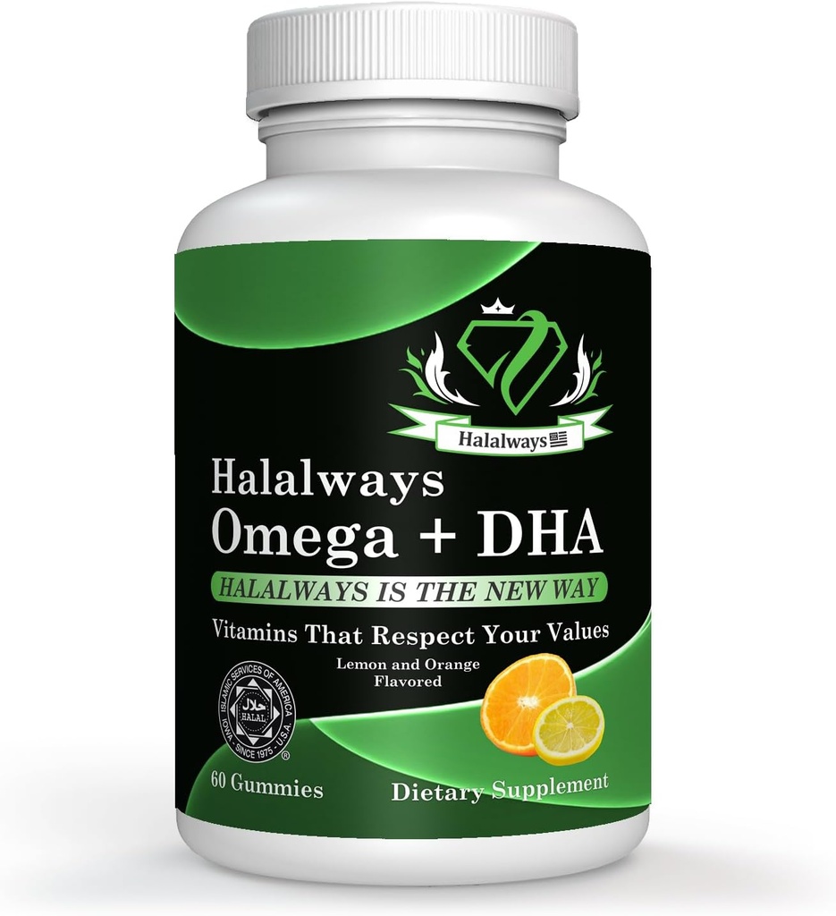 Halalways Omega + DHA Gummies - Triple Strength Omega 3 Fish Oil Gummy Vitamine con acidi grassi DHA, la salute del cuore della natura, Arancione e limone