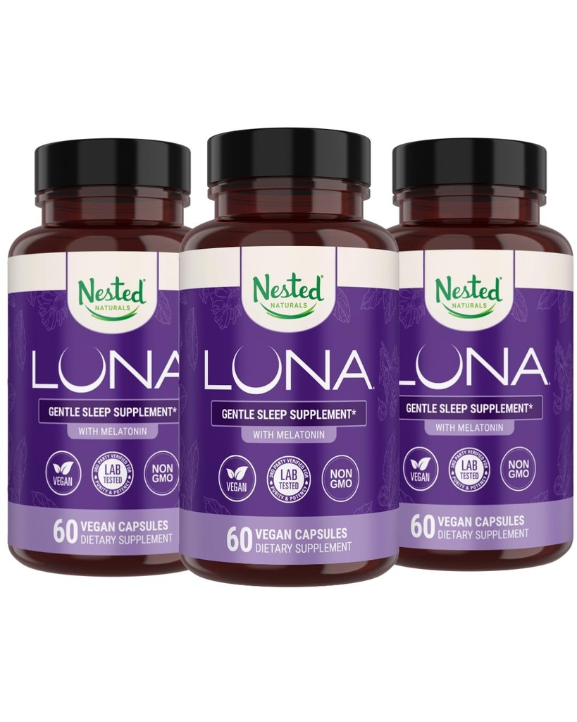 Nested Naturals Luna Herbal Sleep Supplement con Melatonin, radice di Valerian, camomilla | 180 capsule vegane (3-Pack) - 60 capsule per bottiglia