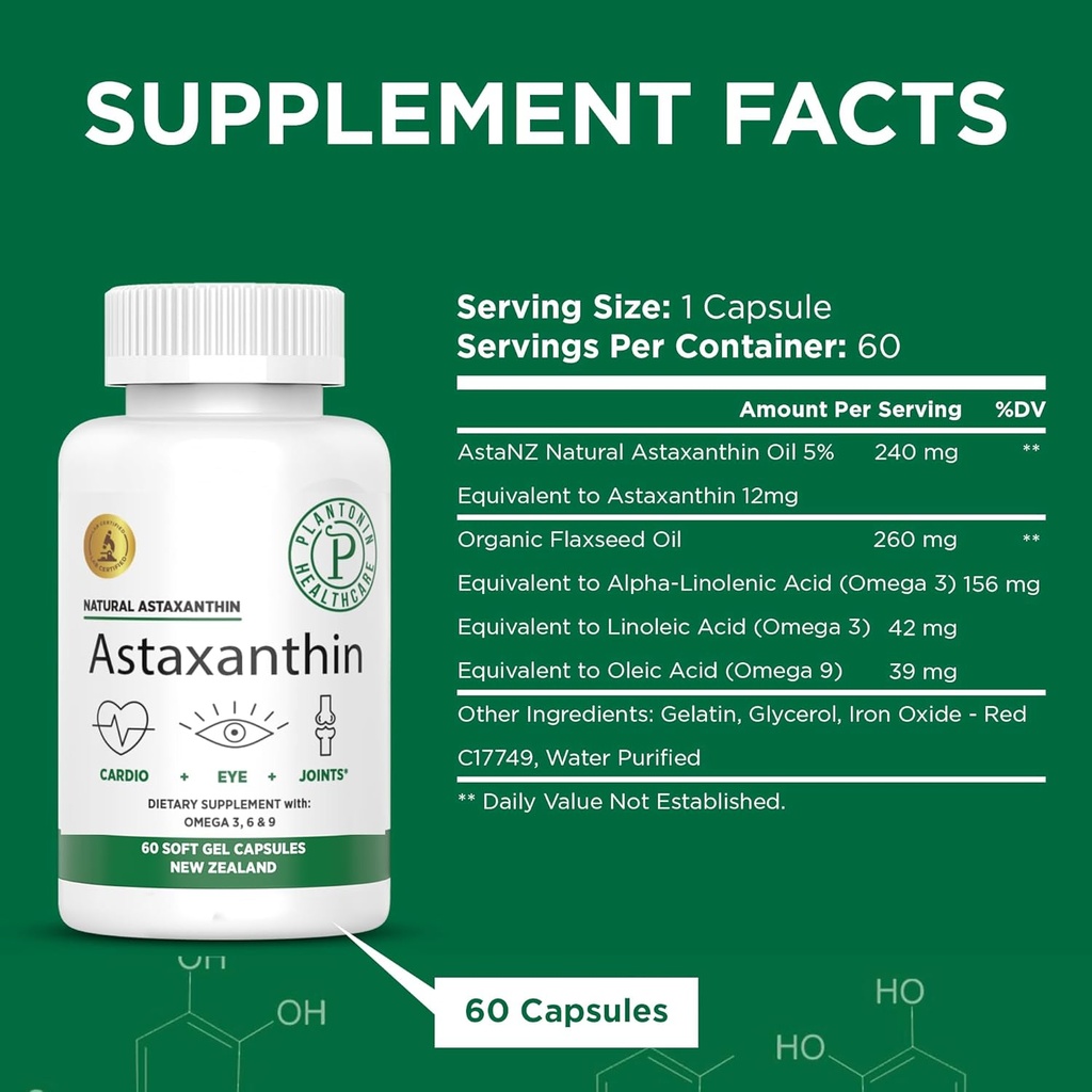 Nuova Zelanda - Astaxanthin 12mg da Microalgae Haematococcus Pluvialis - 60 Gel Morbido - GMO & Gluten Free - Antiossidante - Supporta Joint Mobility & Post Exercise Recovery, Skin & Eye Health
