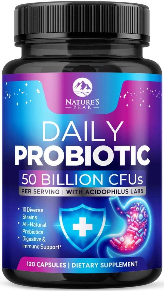 Probiotici 60 miliardi di CFU - 10 Strains + Enzimi Digestivi & Prebiotici - Miglior Probiotico per Donne & Uomini, Supporti Immune, Salute Gut, Costipazione Occasionale, Diarrea, Gas & Bloating - 120 capsule