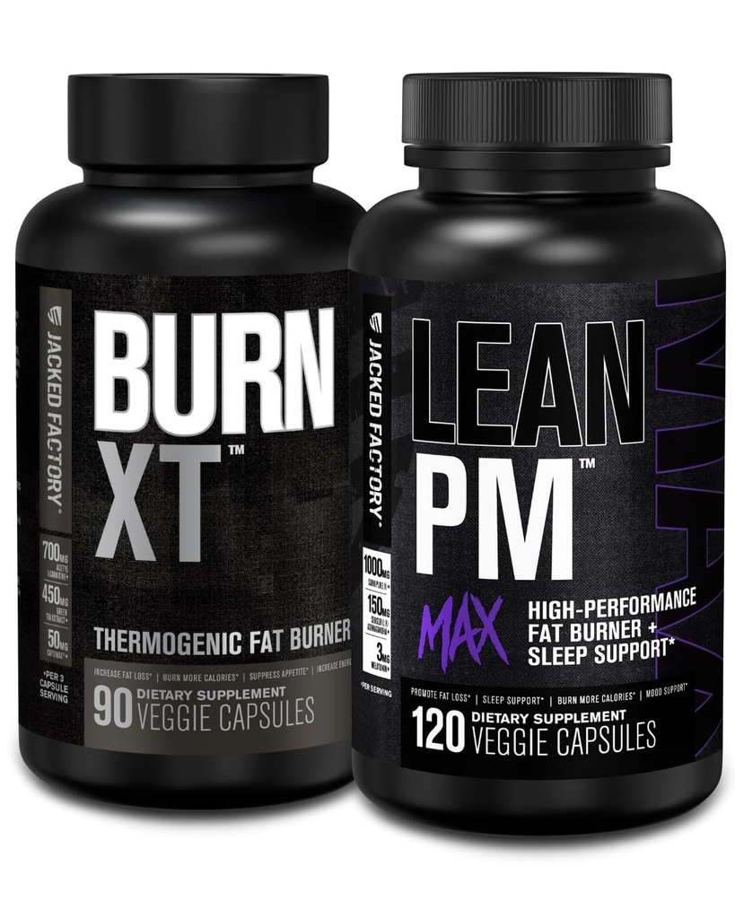 Jacked Factory Burn XT Thermogenic Fat Burner - Appetite Suppressant & Nootropic Energy Booster (90 capsule) & Lean PM Max Perdita di peso ad alta efficienza, Supporto per il sonno | (120 capsule)
